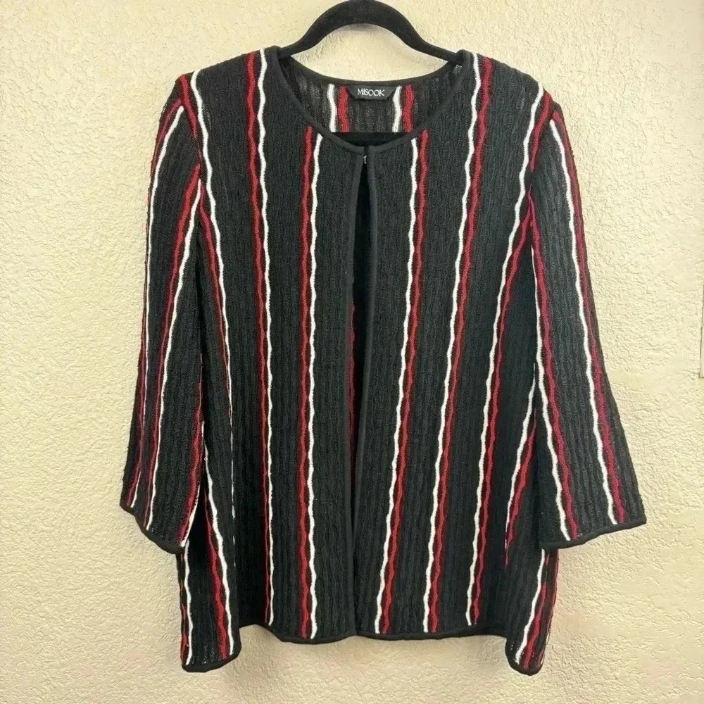 Misook Black/Red Striped 3/4 Sleeve Single Clasp Knit Cardigan - Size XL